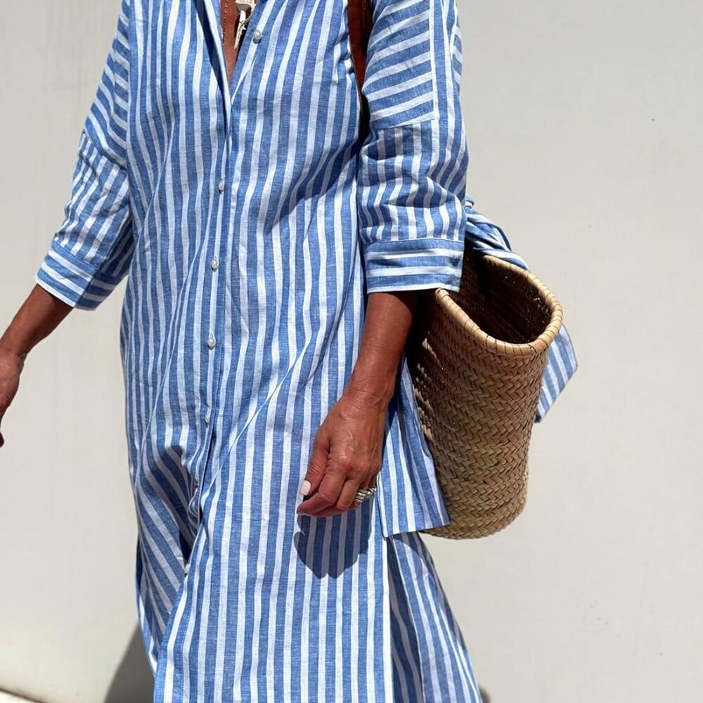 Women's Cotton Maxi Shirt Dress Blue Striped Casual 3/4 Sleeve Belted - Picture 4 of 6